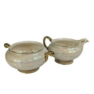Homer Laughlin Nautilus Eggshell Creamer and Open Sugar Bowl 1940s Gold Trim